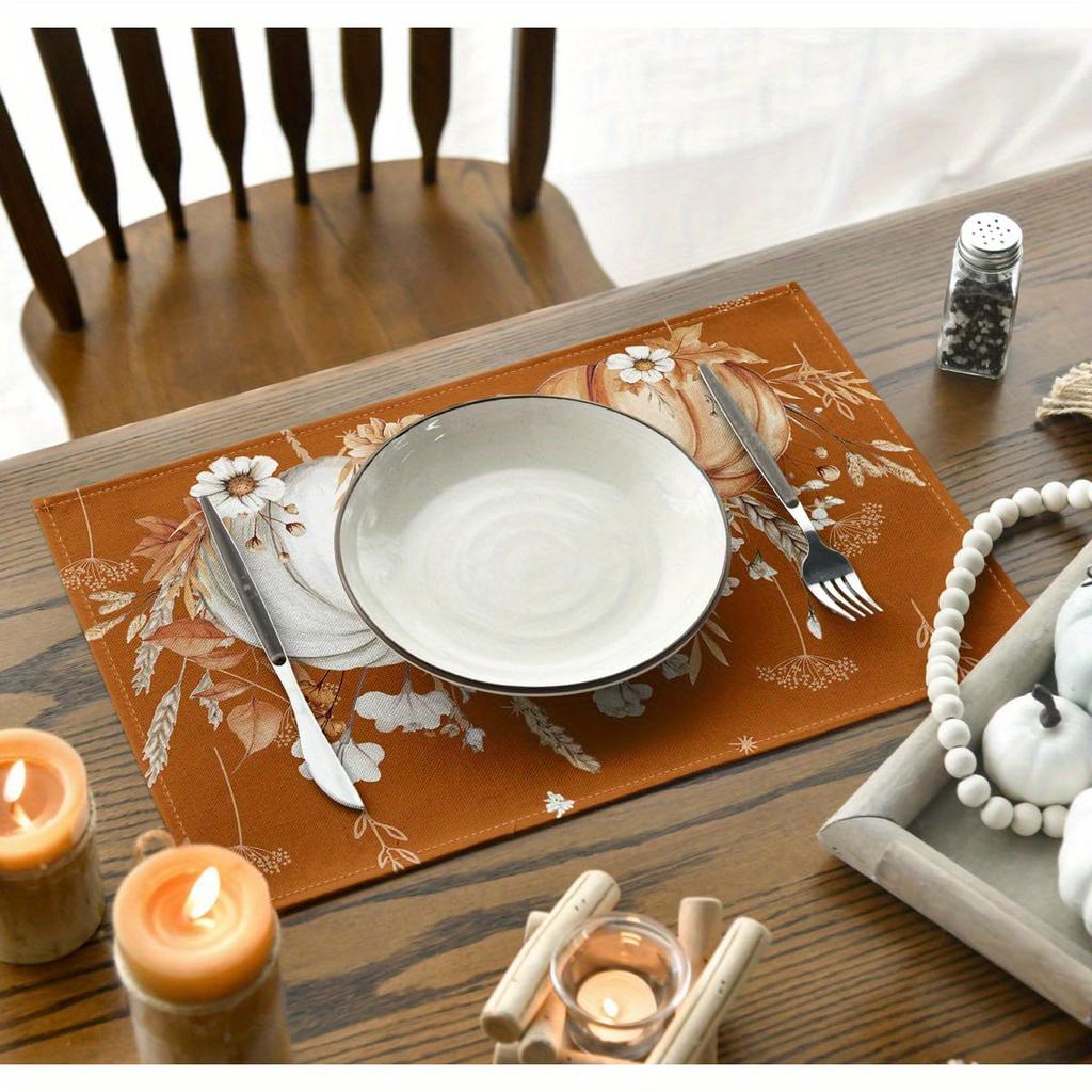 4/6pcs Pumpkins Wheat Fall Placemats, Thanksgiving Vintage Table Placemats for Dining Party Decoration 12x18 Inch