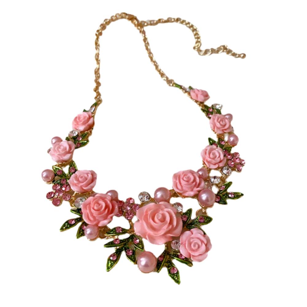 Pearl Rose Flower Necklace Rhinestone Women Jewelry Temperament Stud Earrings  Vacation
