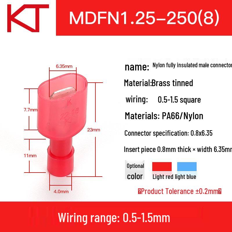 KT Nylon Male Fully Insulated Blade Terminal MDFN/A1.25/2/5.5-250 Cold Crimp Connector