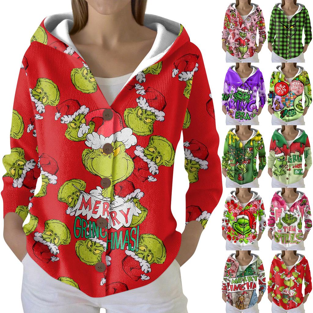 Women's Fashion Casual Sweater Button-Up Print Cardigan  Hooded Jacket