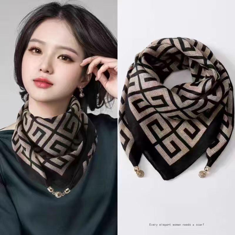 Women's Autumn/Winter Versatile Silk Scarf - Fashionable, Warm Magnetic Buckle Korean Square Design