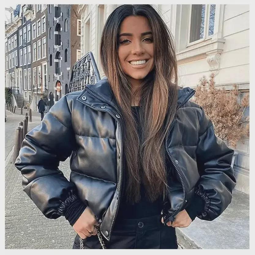 Women's Winter Fashion: European & American Short Thick Loose PU Leather Cotton Jacket