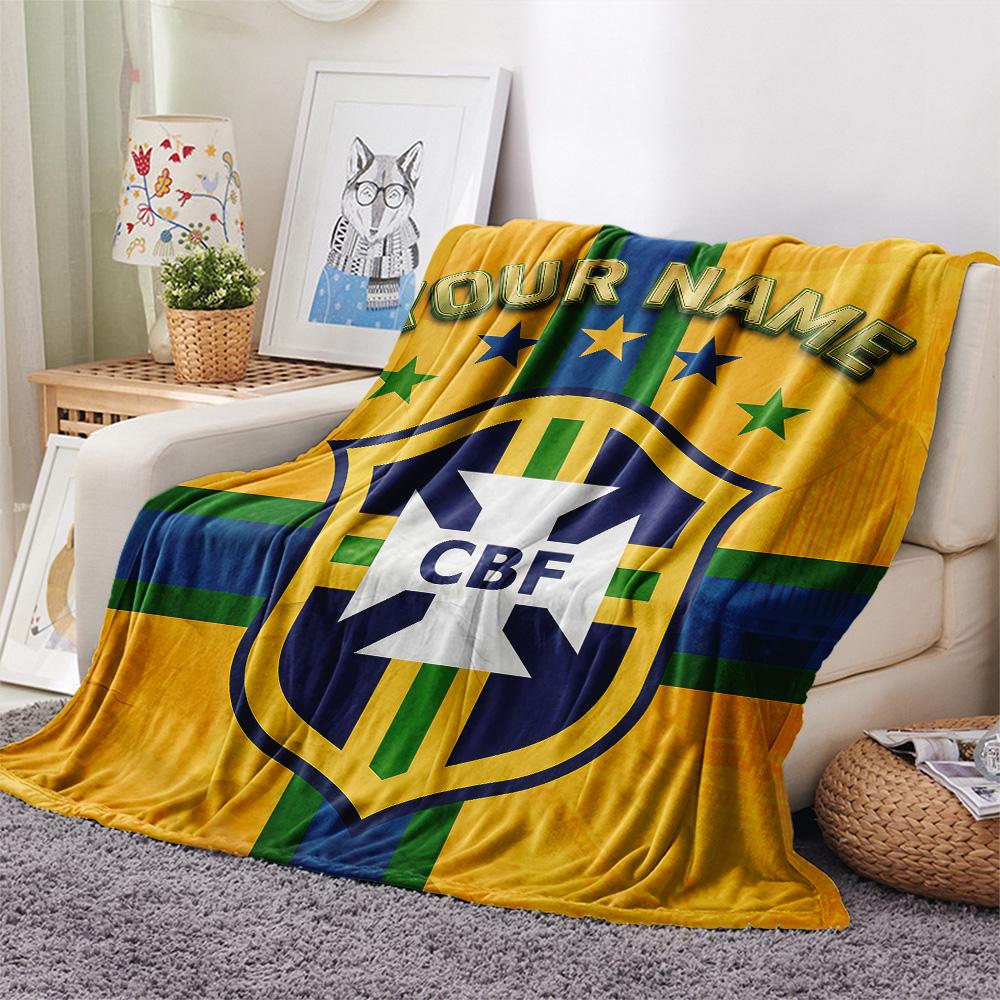 Custom Name Brazil Football Confederation Flannel Blanket, High quality Comfortable for All Seasons, Home Decor, Warmth and Comfort