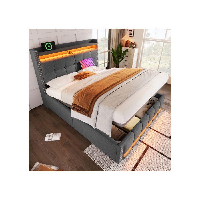 Łóżko tapicerowane 140*200 cm z oświetleniem LED i gniazdem USB, wezgłowie z półkami i przestrzenią do przechowywania