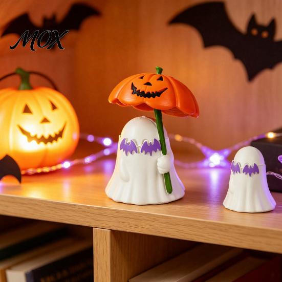 Festive Window Sill Decor Halloween Ghost Figurine with Pumpkin Umbrella And Bat Eyeglasses, Indoor Holiday Display Creative Statue for Party Desktop