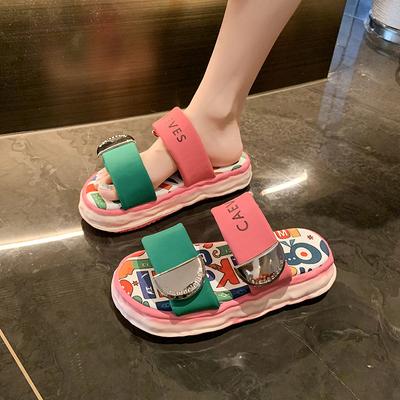 Fashion New Platform Slippers Summer Luxury Increase Flat Shoes Woman Fashion Graffiti Beach Sandals Metal Buckle Slippers Slides Women