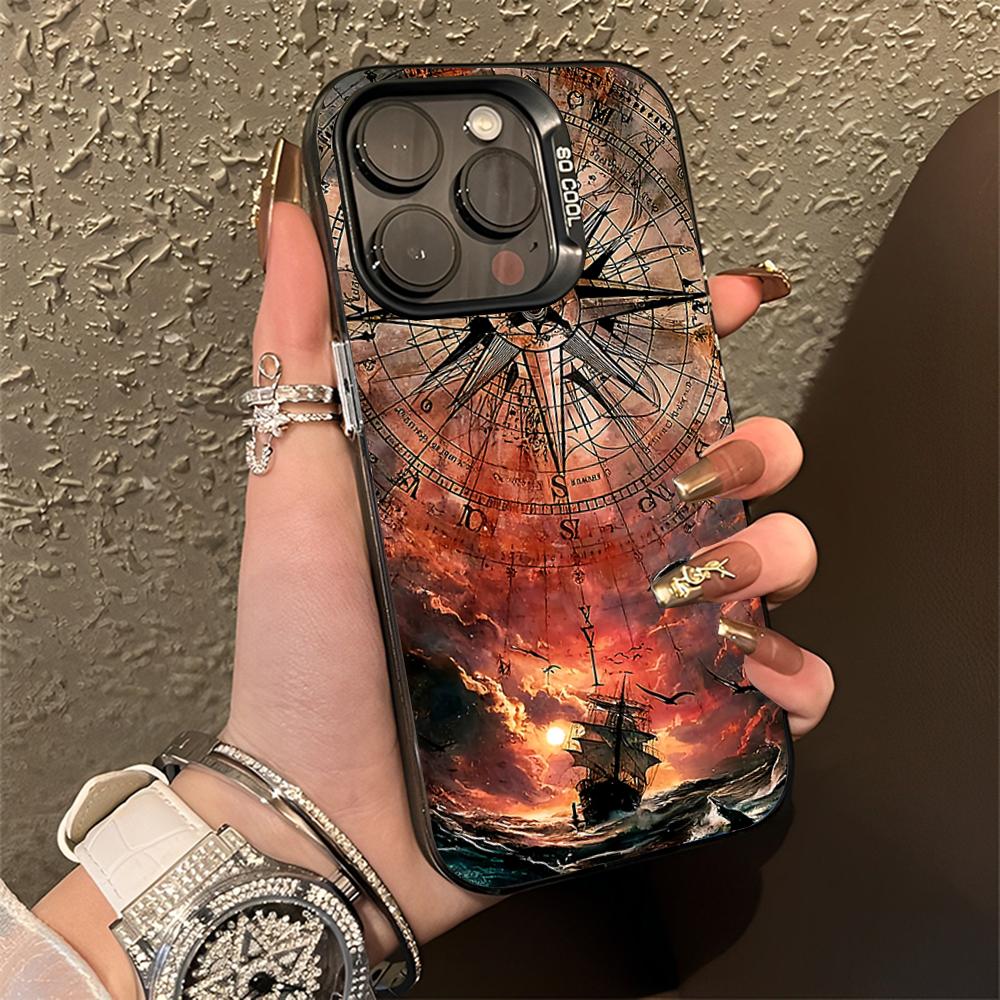 Wood Compass Clock Art Phone Case For iPhone 16,15,14,13,12,11,Pro,Max,Plus,Mini,XS,SE Anti Fall Black Matte Hard Bumper