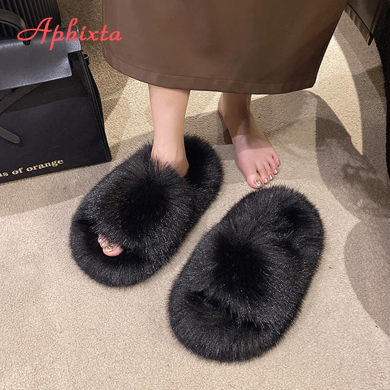 Aphixta Luxury Long Plush Furry Slipper Black Concise Women Indoor Bedroom Slippers Flat Heel Hair Slippers Round Toe Footwear