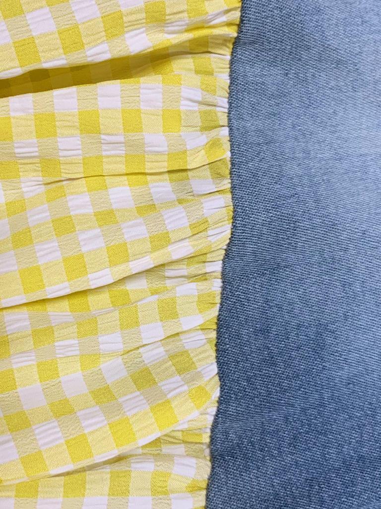 European & American Women's Sexy Fashion T-shirt and Denim Patchwork High-Waist Split Plaid Skirt Set