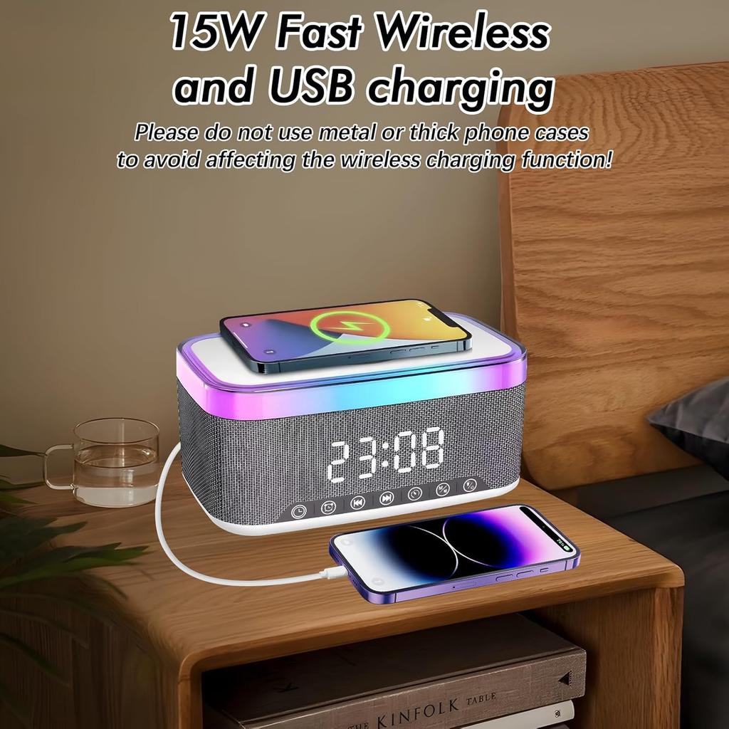 Despertador de Rádio de Cabeceira, Despertador com Carregamento Sem Fio de 15W, Alto-falante Bluetooth, Carregador Sem Fio, 13 Efeitos de Iluminação LED, Rádio FM, Carregamento USB