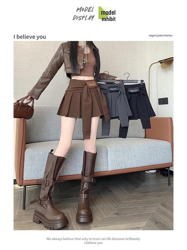 High-Waist Lace-Up Retro Pleated Mini Skirt - Women's Early Autumn Style