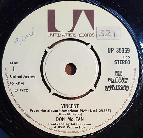 7inch Record DON MCLEAN - Vincent UP35359 United Artists  1972 UK Rock Used