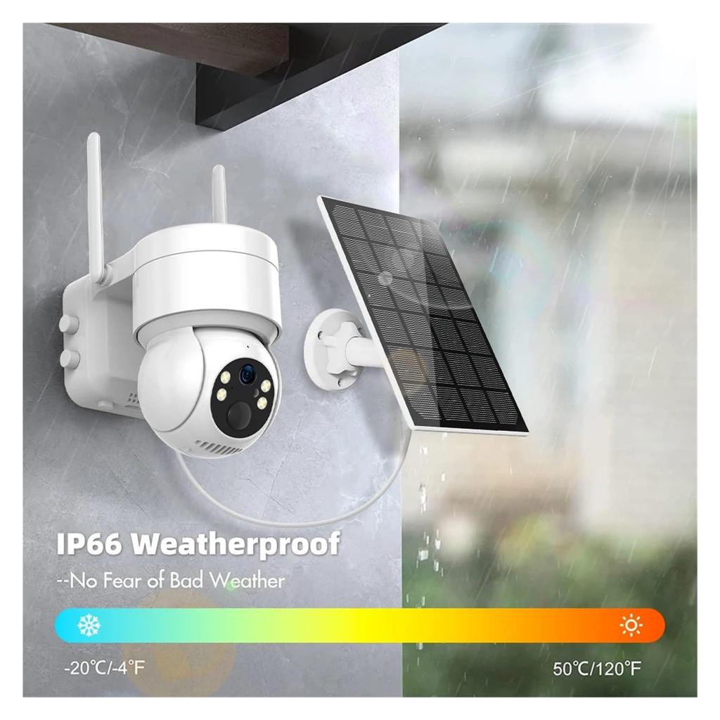 Caméras de Sécurité Solaires Sans Fil Extérieur, Caméra WiFi 2K 2.4G avec Panneau Solaire et Alimentation par Batterie, Vision Nocturne Couleur avec Projecteur, PTZ 360°