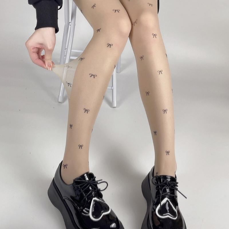Women Sexy Ultra-Thin Sheer Silky Tights Japanese Sweet Bowknot Polka Dot Heart Printed See Through Pantyhose Stockings