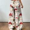 Women's Casual Christmas Print -Lined Loose Fit Straight Leg Pants with and Elastic Waistband