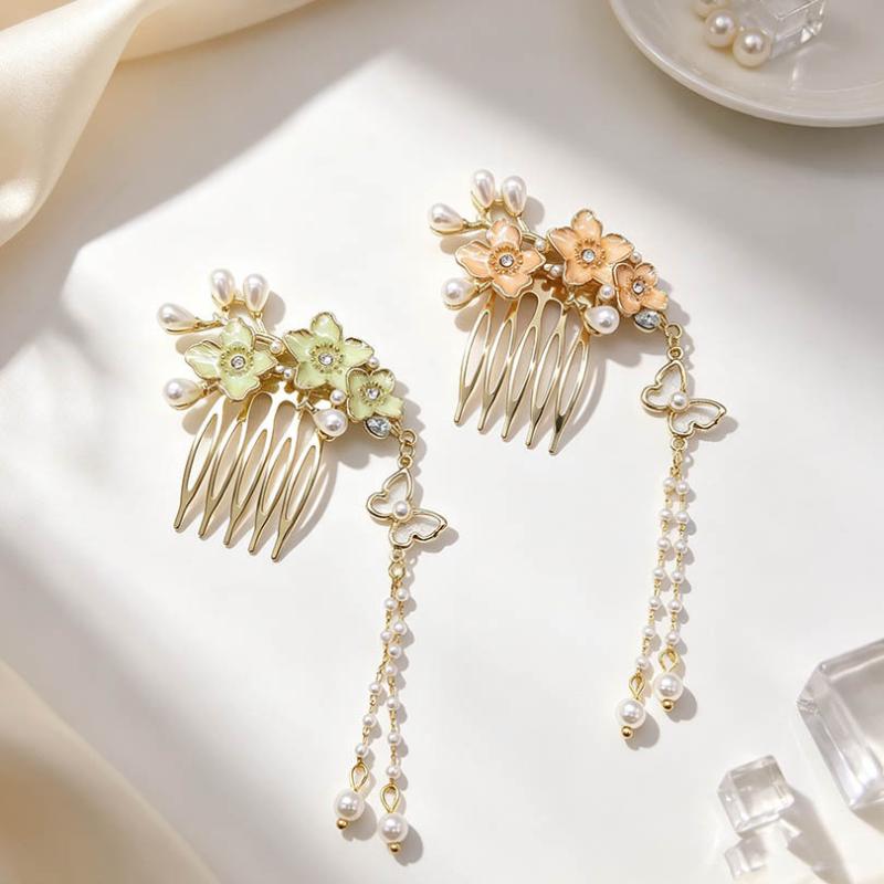 Chinese Tassel Hair Comb Floral Pearl Tassel Hairpin Vintage Hanfu Hairpin Retro Hair Accessory For Women Party Cosplay Decor