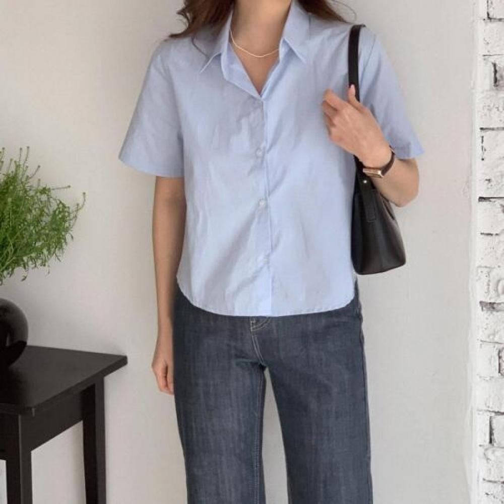 New Arrivals Open Run Women Solid Color Cotton Shirt Simple Short Sleeve