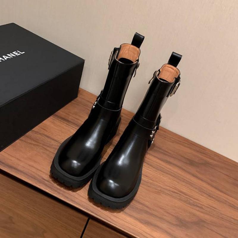 New women's leather boots versatile round head rubber platform zipper leather Martin boots autumn and winter cowhide low boots women