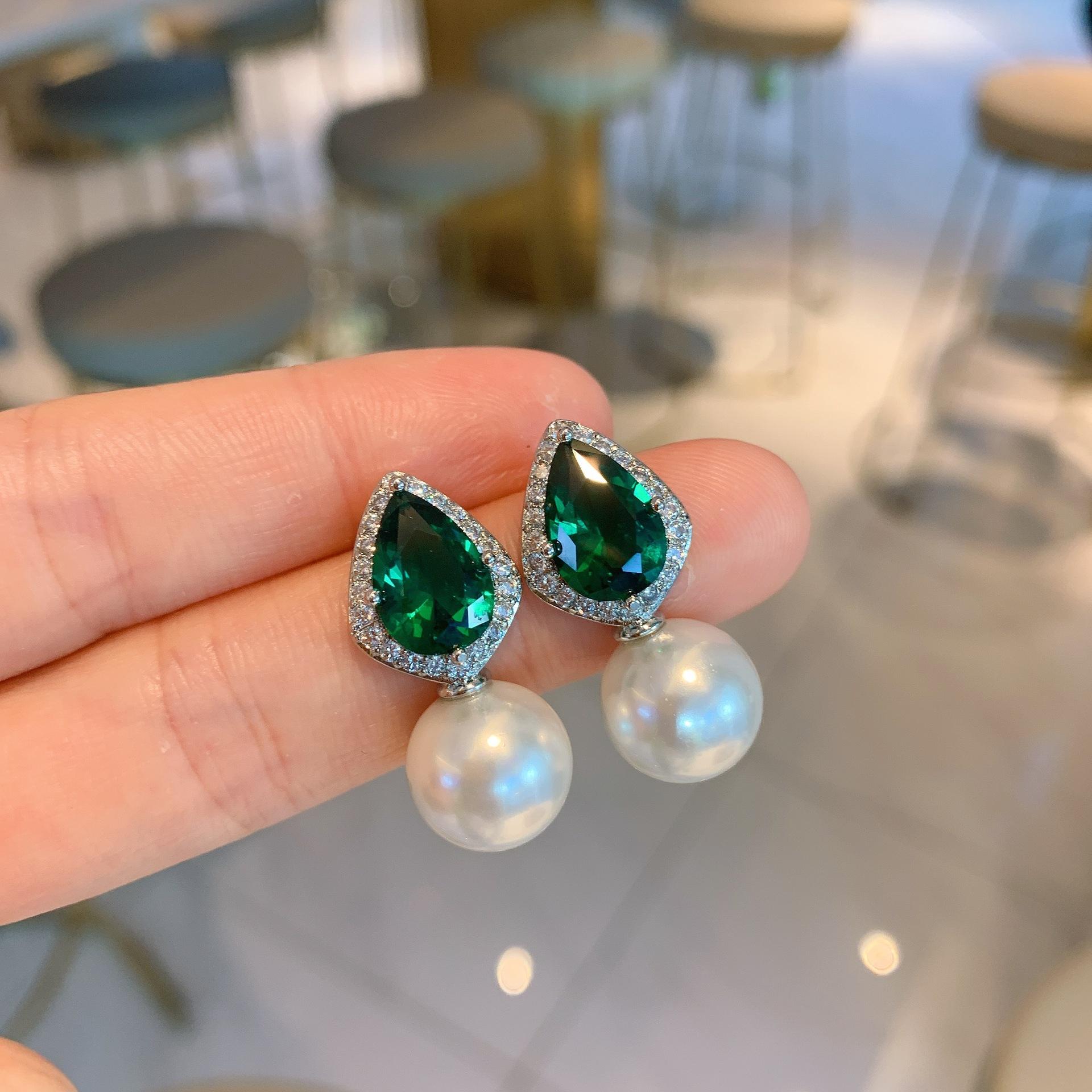 

Douyin Hot Emerald Pear Necklace Earrings Jewelry Pearl Necklace Wedding Dinner Party Accessories