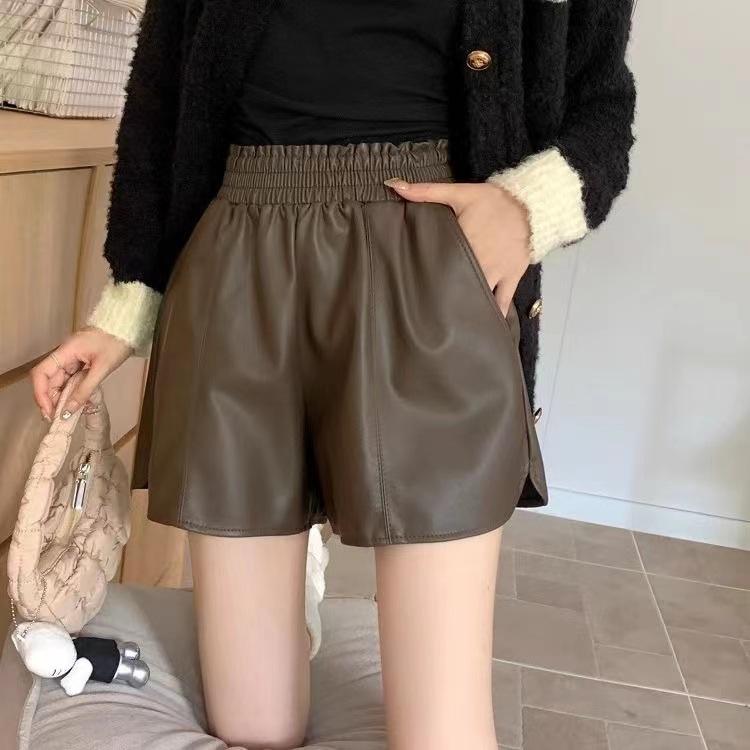 

Women s Fall Spring Outer Wear Elastic Waist High Waisted Slimming A-Line Wide Leg PU Leather Shorts Petite Base Pants Mini Shorts 5XL темно-коричневого кольору