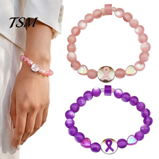 Durable Alloy Ribbon Wrist Jewelry Breast Cancer Awareness Bracelets, Charm Beads Elastic Beaded Bracelet for Women Bracelet, Encouragement