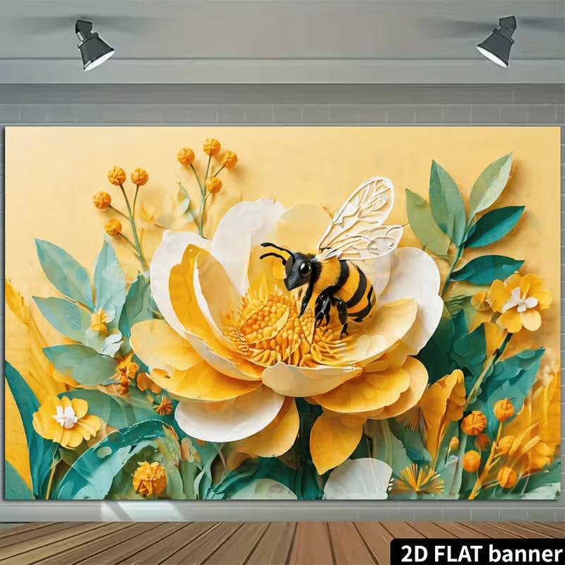 2D Spring Bee Flower Backdrop, Paper Art Style Bee On Yellow Bloom Photo Background