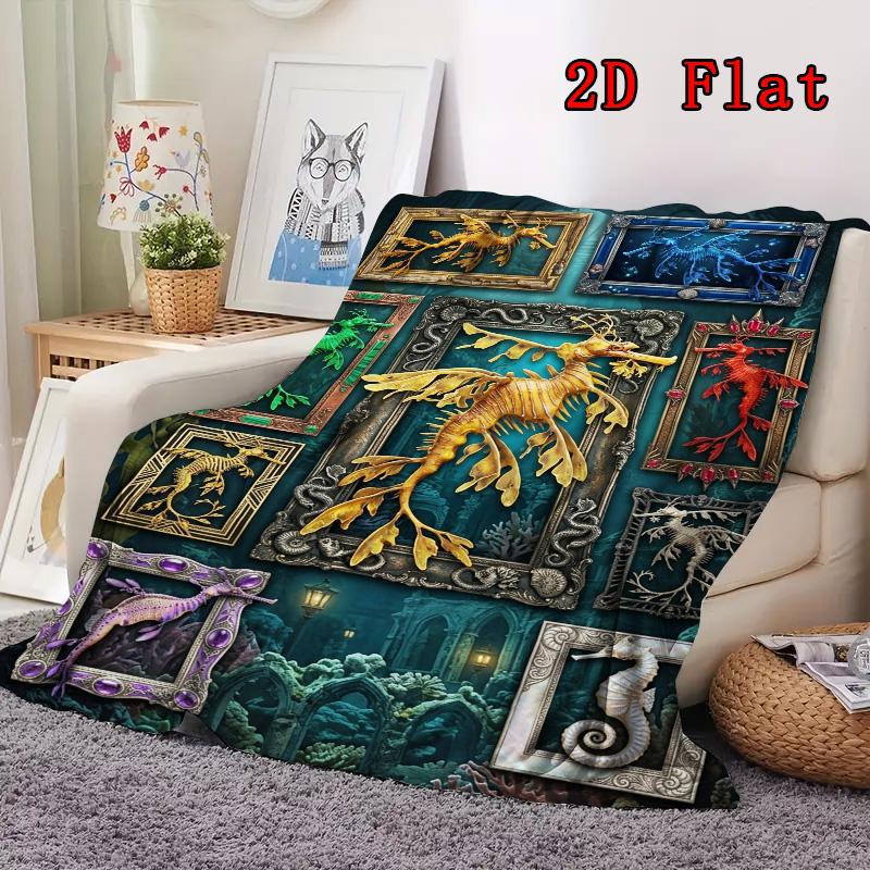 Golden Sea Dragon Frames 2D Flat Pattern Flannel Blanket, High Quality All Seasons, Home Decor, Warmth and Comfort, Perfect for Christmas Gifts.