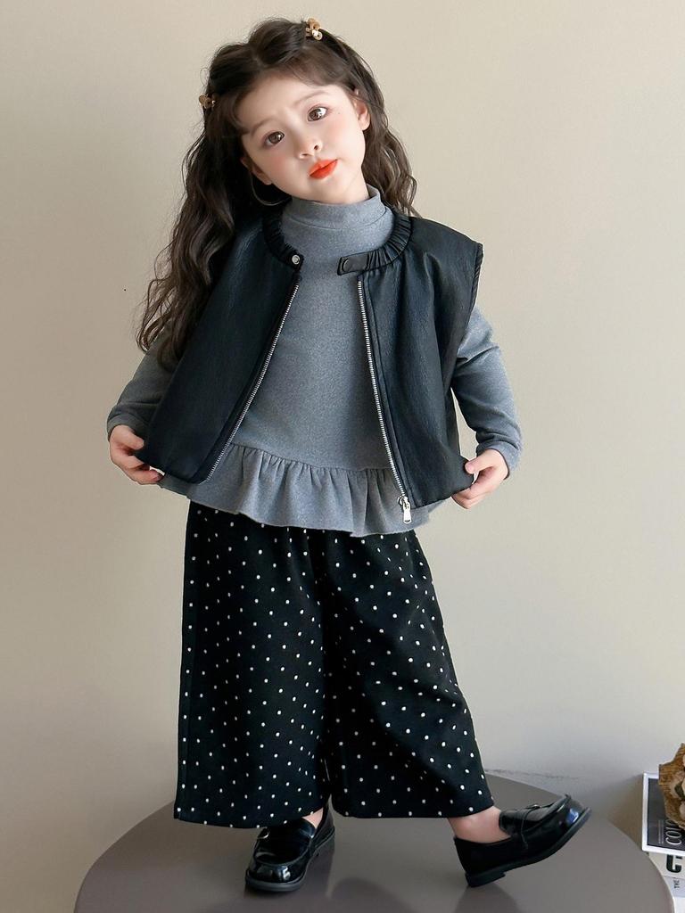 Jesień 2025 Zestaw Mody Dziewczęcej: Zestaw Trzyczęściowy Koszulka Bazowa w Stylu Koreańskim i Skórzana Kamizelka