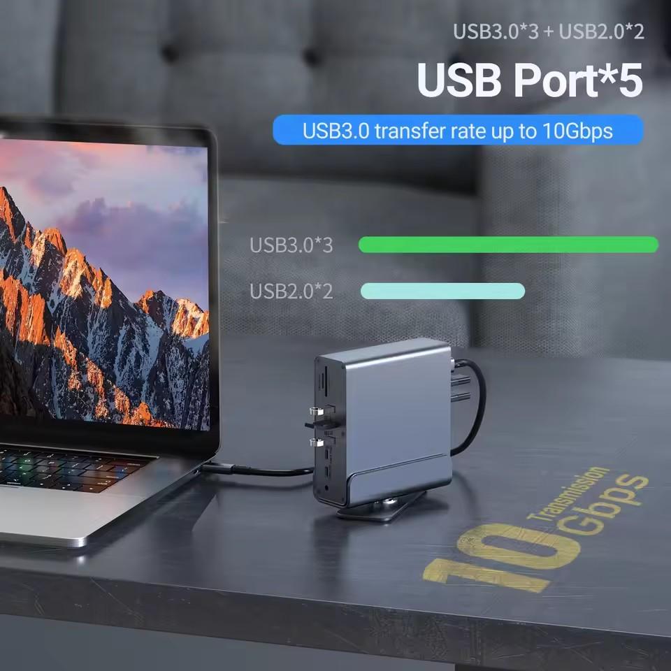 15 in 1 USB C HUB Docking Staion Multi-port Type C Thunderbolt Wtih USB 3.0 HDMI PD 100W RJ45 SD/TF Audio 3.5 for Macbook Laptop