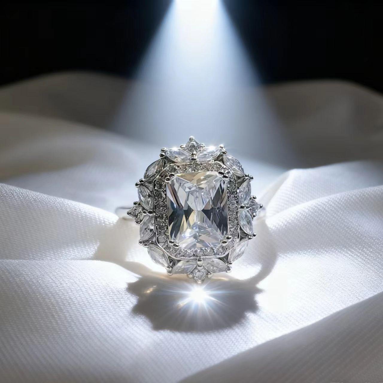 

Princess Square Full Diamond Powder Gemstone Ring Women S High-End Temperament Zir*****Pen Ring Opening adjustable белый