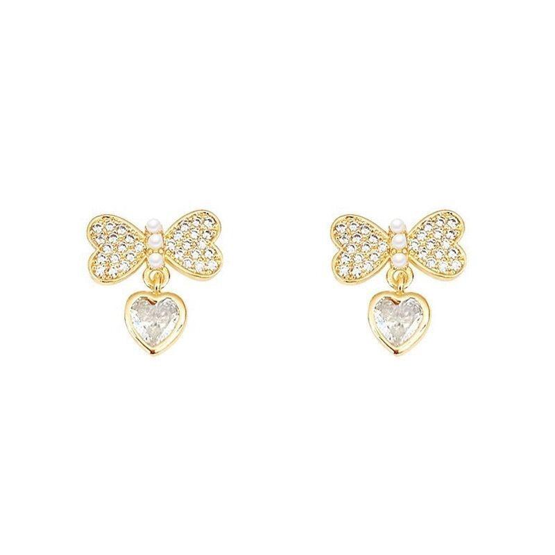 Romantic Rhinestones Heart Dangle Earrings for Women Sweet Crystal Bow Knot Drop Earrings Wedding Party Cute Elegant Jewelry