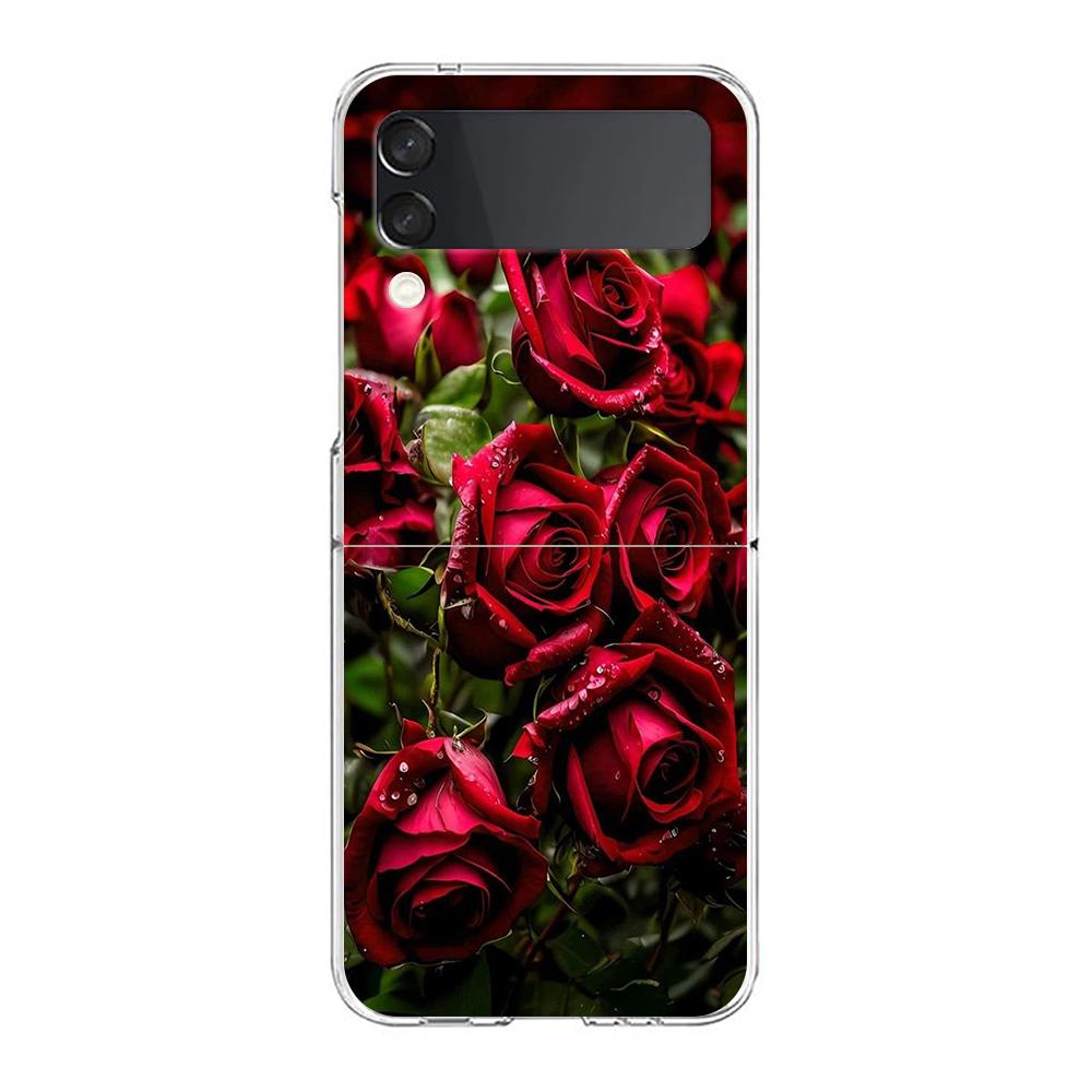 Beautiful Red Rose Flowers Phone Case For Samsung Galaxy Z Flip 3 4 5 Hard Folding Clear PC Bumper For Samsung Z Flip3 Cover