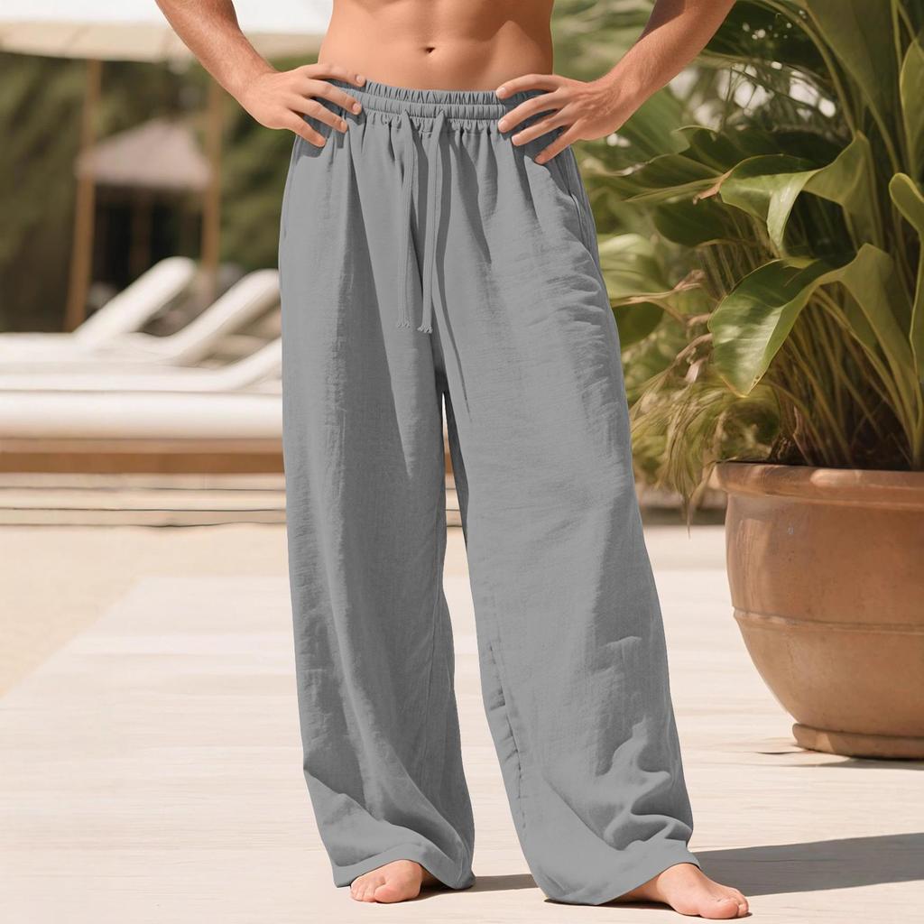 Men's Linen Loose Casual Sports Pants with Pockets and Drawstring - Solid Color Trendy Business Pants
