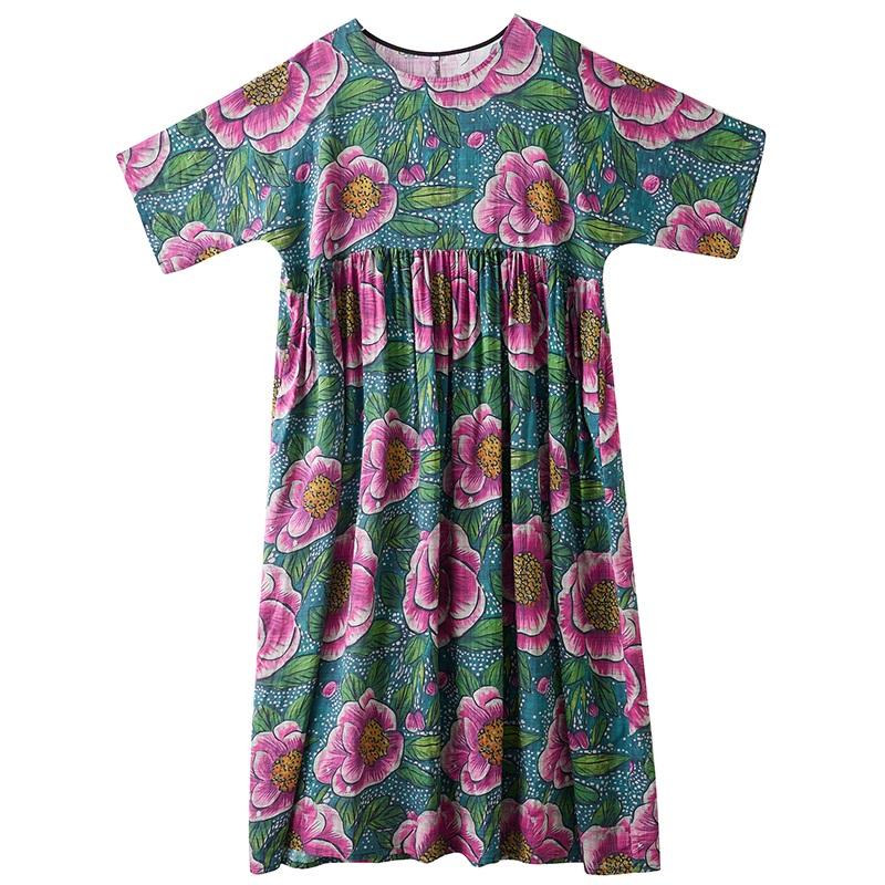 Short Sleeve Plus Size Cotton Vintage Floral New In Dresses for Women Casual Loose Long Summer Dress