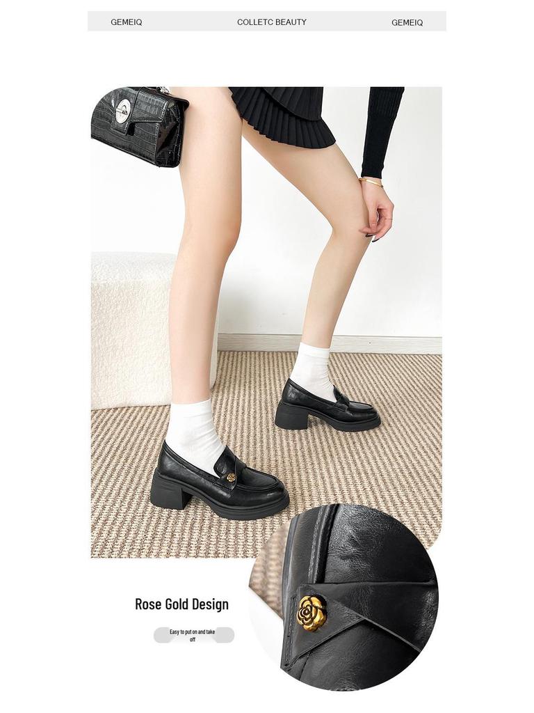 2025 British Style Camellia Loafers: Round Toe Chunky Heel Mary Jane Leather Shoes for Women