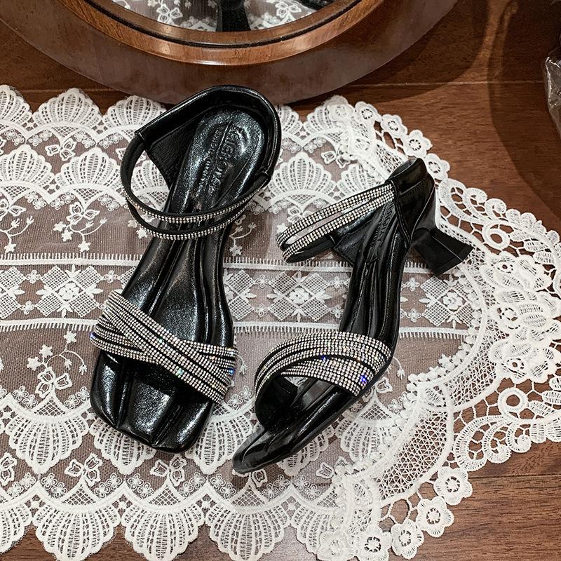 

High heels, new one-word sandals in the summer of 2025, temperament rhinestone square head open-toed women s shoes are popular in summer 40