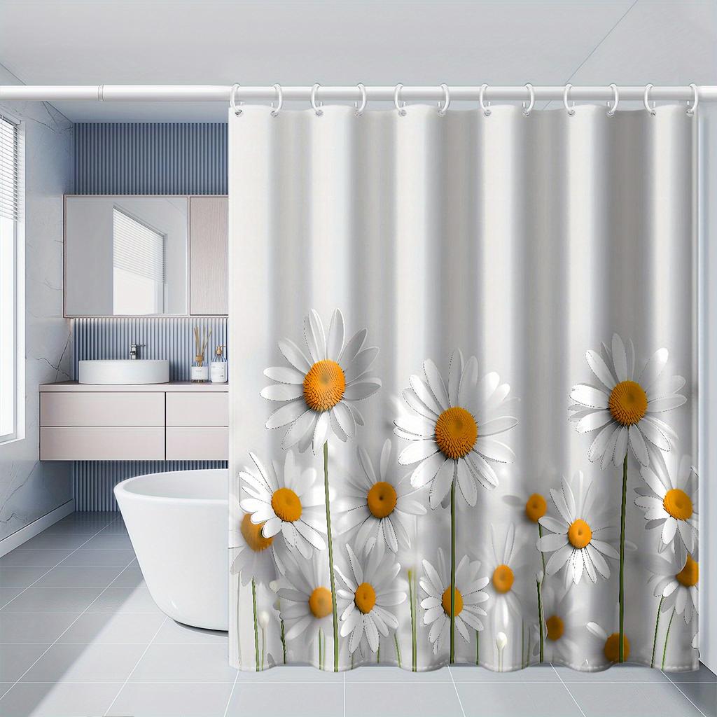 White Background Daisy Shower Curtain - 12 Hooks, 71x71 Inch, Polyester
