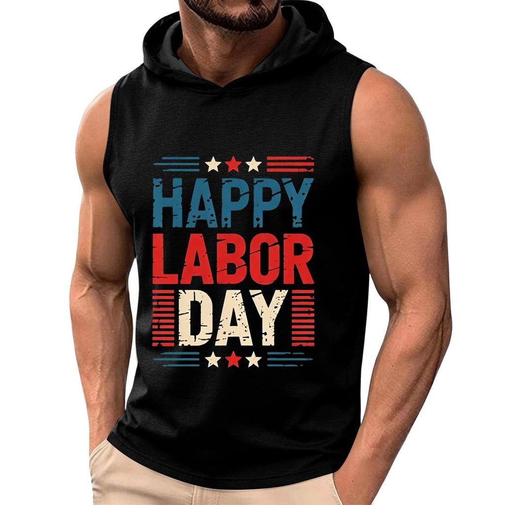 Men Sleeveless Hoodie Tank Top Casual Muscle Fit Athletic Shirt Summer Workout Gym Apparel with Labor Day Print