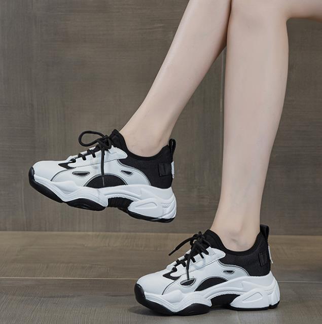 Fashion 5.5CM Air Mesh Synthetic Genuine Leather Women Vulcanize Hollow Summer Chunky Sneakers Summer Platform Wedge Flats Shoes