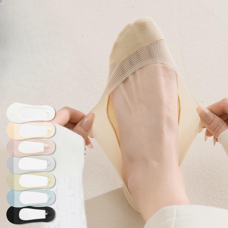 Mesh Ice Silk Women's Boat Socks, Thin, Invisible, Non-dropping Heel, Solid-color Cotton-soled Short Sock, Anti-slip and Breathable Socks