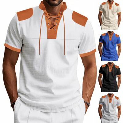 Men's Strap V-neck Shirt Color Block Short Sleeve T-Shirt Waffle Checks Casual Summer Tee Shirt for Daily Party Office Travel