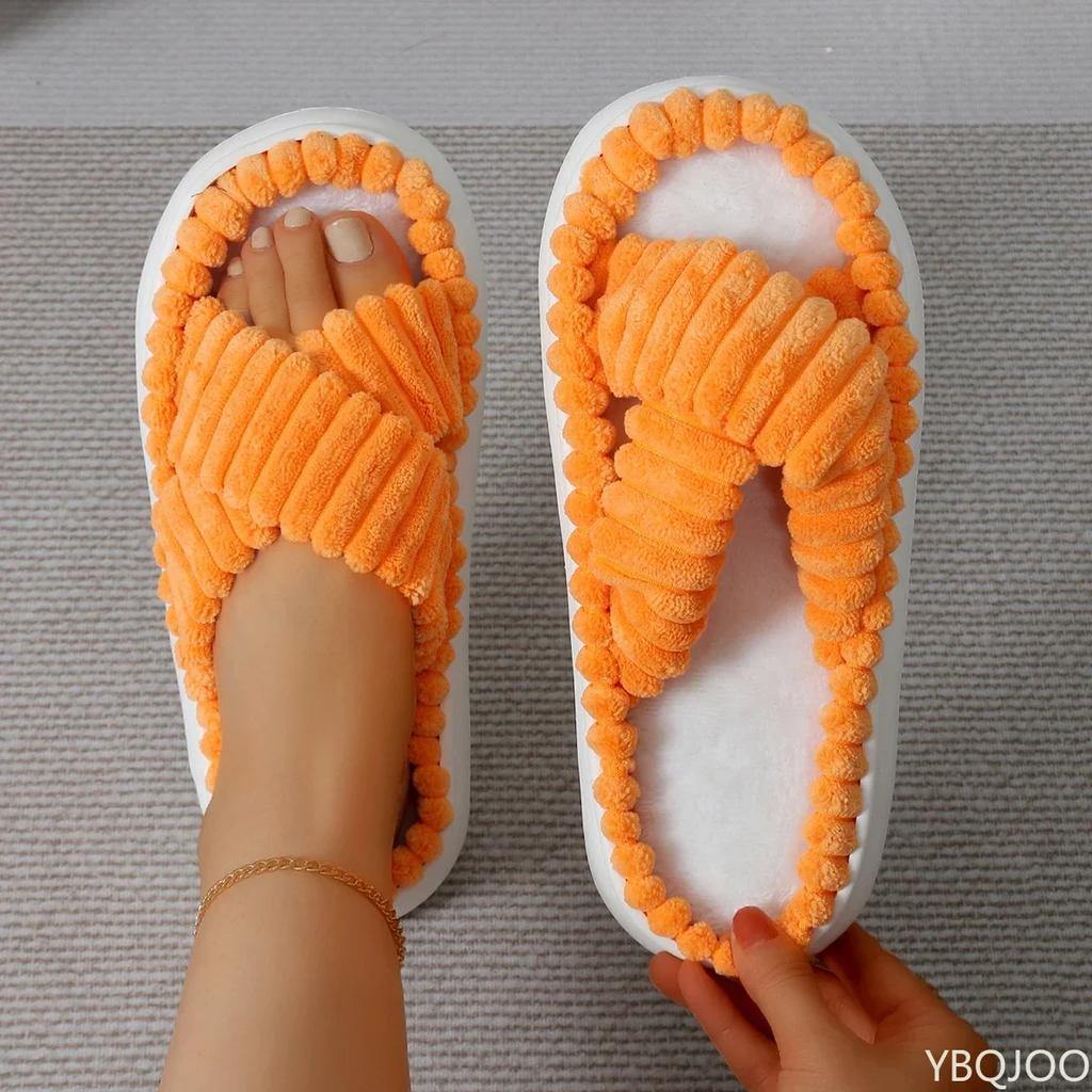 Fashion Autumn Winter Corduroy Home Slippers Women Cross Band Thick Soft Sole Slides Platform Shoes Female Non Slip Indoor Slippers
