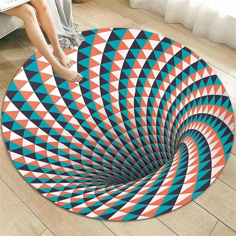 Crystal Velvet Psychedelic Round Rug, Abstract Geometric Illusion Print Non Slip Floor Mat for Living Room, Bedroom, Sofa Decor