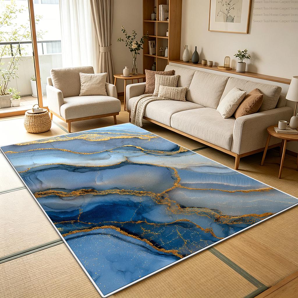 Luxury Blue Gold Marble Living Room Sofa Rug Decoration Bedroom Washable Soft Fluffy Floor Mats Kitchen Non-slip Large Carpet