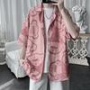 Summer Men Shirt Ice Silk Half Sleeves Loose Printed Mid Length Button-down Korean Style Cardigan Vacation Beach Top