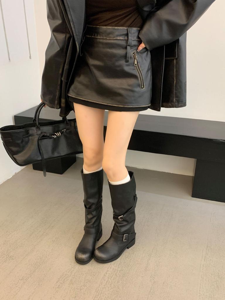 Belt Buckle Stack Boots Thick Heel 2025 Autumn and Winter Retro High Boots Korean Version Boots Niche Tooling Boots Women