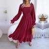 Women Summer Long Flare Swing Dress Solid Color Ruffles Square Neck Large Size Spring