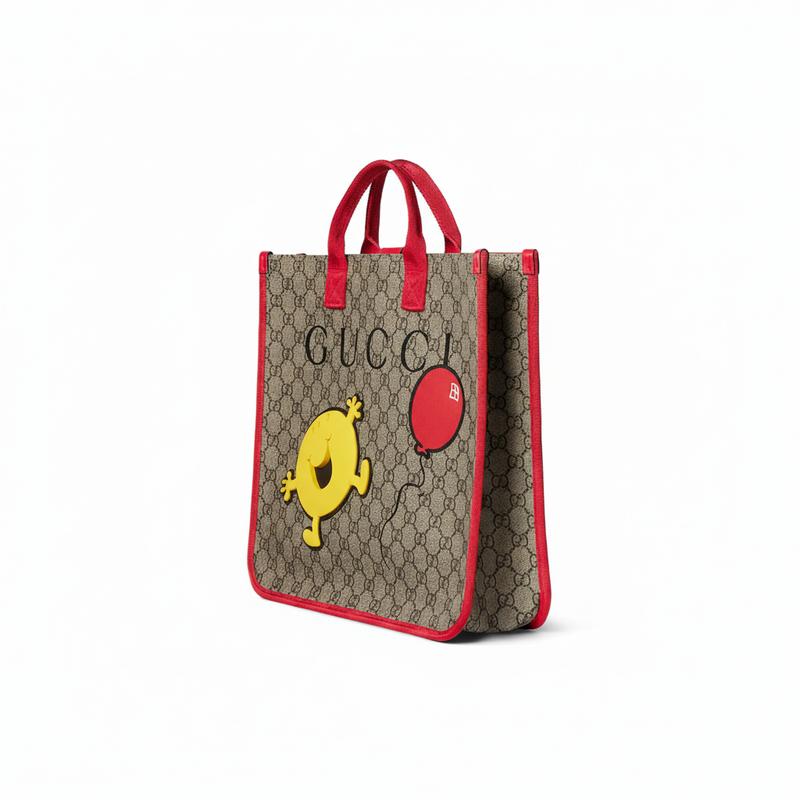 Gucci X little miss co-branded GG Supreme cartoon print design tote bag leather handbag children's style beige and dark brown