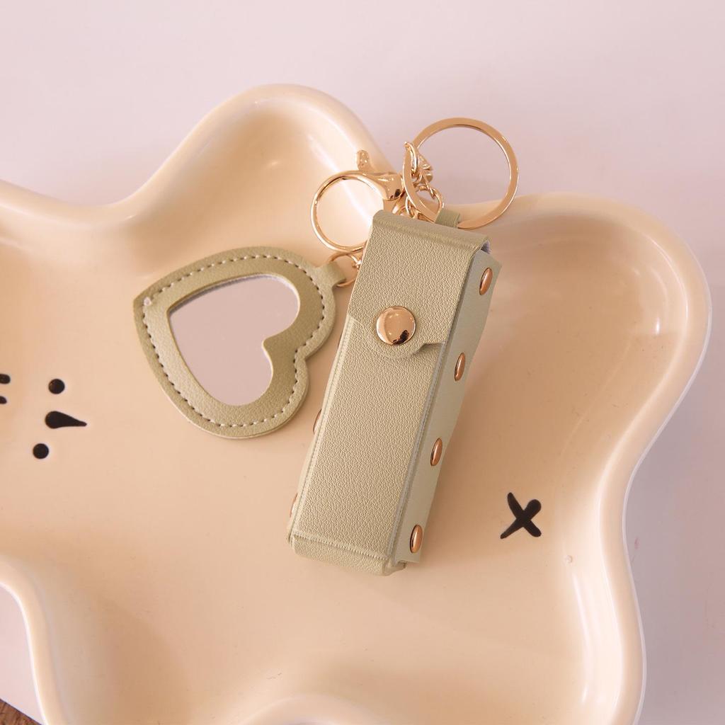 Heart-Shaped Mini Lipstick Keychain with Mirror: Portable Leather Holder for Girls