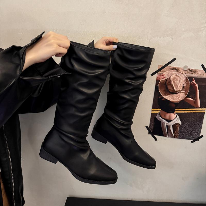 Pile boots women's boots 2025 new spring and autumn retro but knee thin solid color thick heel knight boots